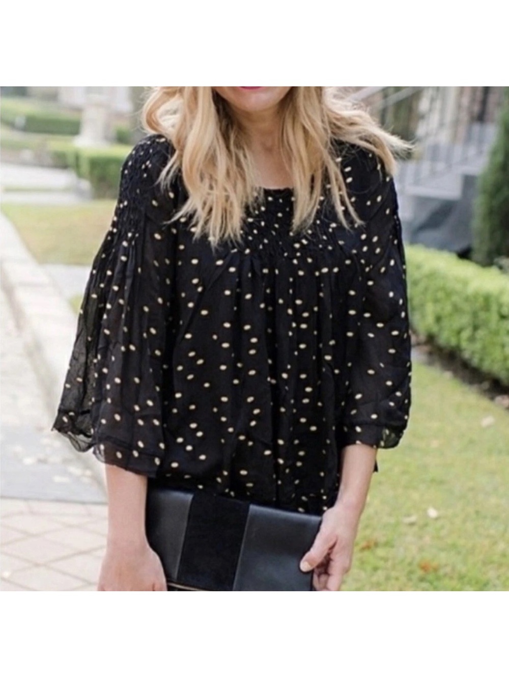 Floreat Anthropologie Black Blouse with Cream Polka Dots Size S